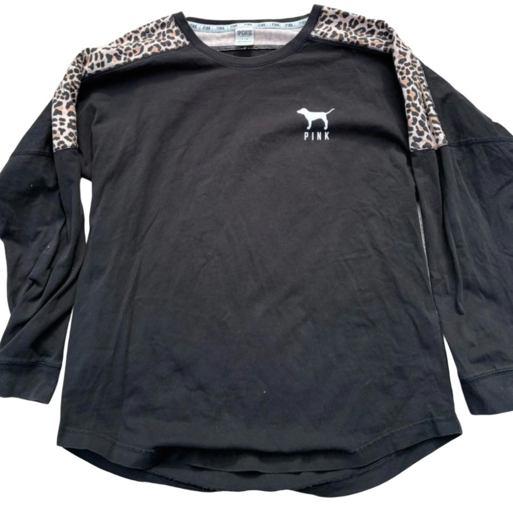 PINK Victoria's Secret Black Long Sleeve Top with Leopard Shoulder Trim